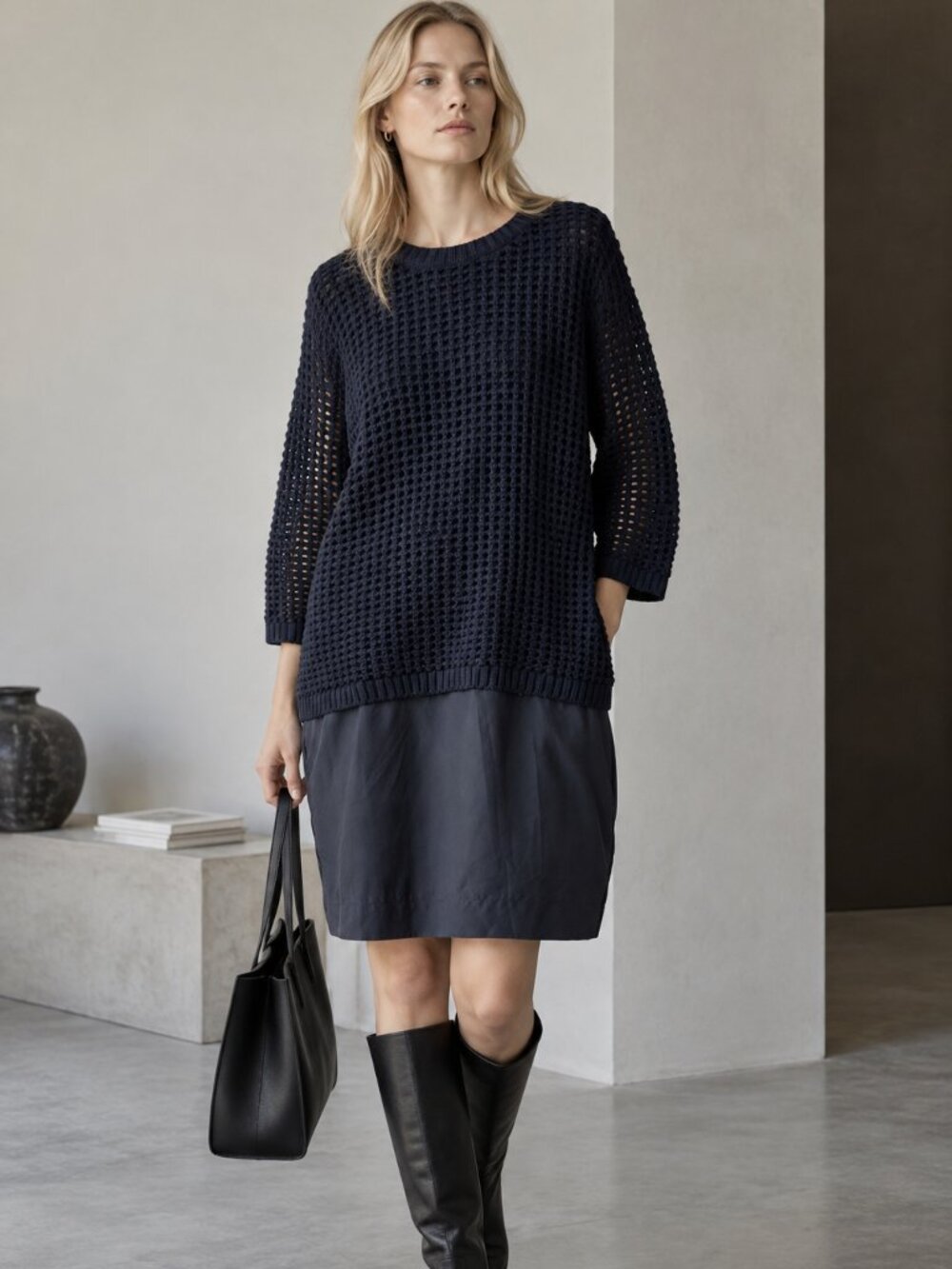 COS 100% Wool Navy Mixed-Media Knit Dress Size L